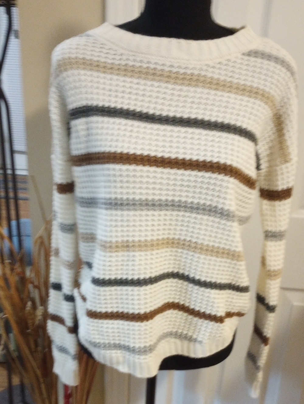 SO Cream Striped Crewneck Sweater with Brown and Gray Accents
